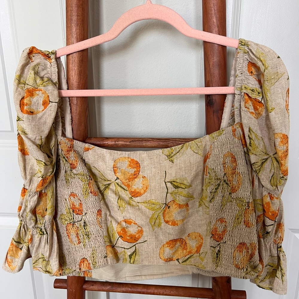 Urban Outfitters Beige Crop Top with Orange Fruit Motif